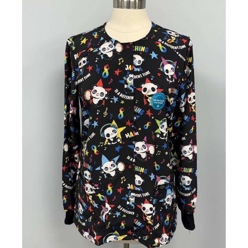 NWT Dickies Autism Awareness Scrub Jacket M Black Rainbow Panda Warm Up Scrubs